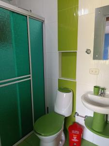 a green bathroom with a toilet and a sink at Cabin near the beach in El Valle +36 photos