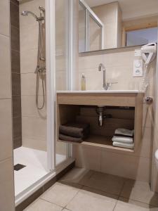 a bathroom with a sink and a shower at Hôtel Bellier in La Chapelle-en-Vercors