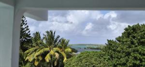 a view of a beach with palm trees and water at Studio Aiko2 côtière in Mauritius
