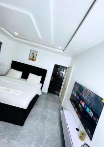 a bedroom with a bed and a flat screen tv at Auxano Apartments in Abuja
