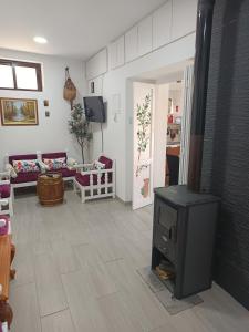 a living room with a stove in the middle of it at Aliki's Foini House in Phini