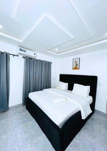 a bedroom with a large bed with white sheets at Auxano Apartments in Abuja +2 photos