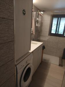 a bathroom with a washing machine and a sink at Aliki's Foini House in Phini +3 photos