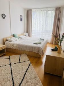 a bedroom with two beds and a large window at Bansko Aspen Relax & Chill in Bansko
