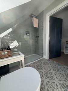 a bathroom with a shower with a toilet and a sink at Beyren House Guest Suite in Emo