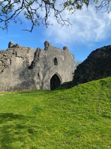 an old castle on a hill with green grass at Castle cottage in Cowbridge