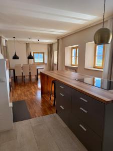 a kitchen with a counter and a dining room at Milla - Exklusives Wohnen im Grünen in Cortaccia +14 photos