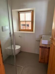 a bathroom with a toilet and a sink and a window at Milla - Exklusives Wohnen im Grünen in Cortaccia