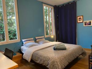 a bedroom with a bed with blue walls and windows at Chambre chez l'habitant dans grande maison Arborée in Orly
