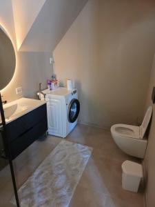 a bathroom with a sink toilet and a washing machine at Fjordstay in Vennesla