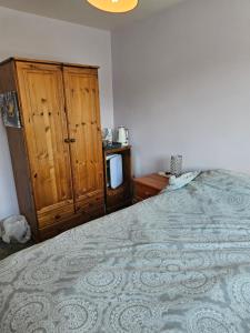 a bedroom with a large bed and a tv at Quiet Room with ensuite in Chippenham