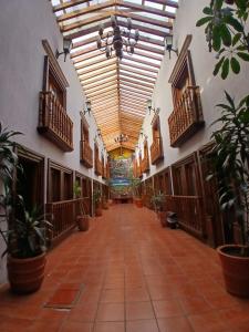 an empty hallway with potted plants in a building at Hotel Boutique Grand Mayes in Pátzcuaro