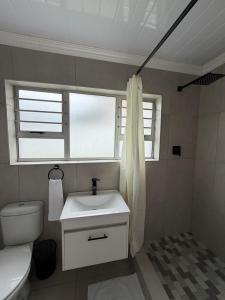a bathroom with a sink and a toilet and a window at The Ceed in Beacon Bay