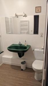 a bathroom with a green sink and a toilet at L'Aveneau - Havre champêtre avec piscine d'été in Le Retail +13 photos