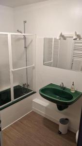 a bathroom with a green sink and a shower at L'Aveneau - Havre champêtre avec piscine d'été in Le Retail