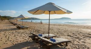 a row of beach chairs and an umbrella on a beach at Pandanus Resort in Mui Ne