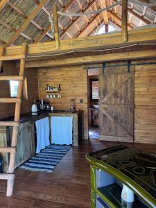 a kitchen in a log cabin with a stove at Domek pod Strzechą in Mielnik