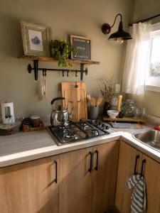 a kitchen with a stove top and a sink at Boutique Cabin with Strait of Magellan Views in Punta Arenas