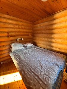 a bed in a wooden room in a log cabin at Kalliorinteen Mökit Havupirtti in Töysä