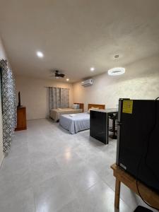 a bedroom with a bed and a desk in a room at Miriam Lofts in Bacalar
