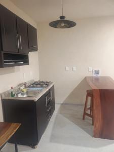 a kitchen with a stove and a sink and a table at Miriam Lofts in Bacalar