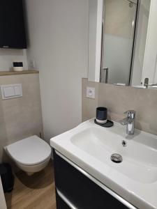 a bathroom with a white sink and a toilet at Lanabi - Studio Cocon in Salies-de-Béarn +12 photos