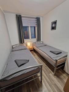 two twin beds in a room with a window at Apartmány Obora in Nová Bystřice