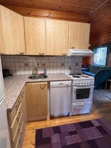 a kitchen with a stove and a sink at Kalliorinteen Mökit Suvipirtti in Töysä