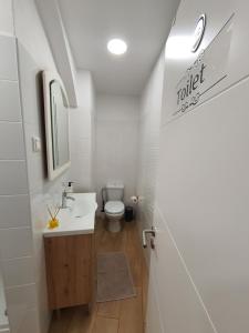 a white bathroom with a toilet and a sink at Zabava Sacavém in Sacavém