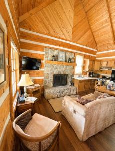 a living room with a stone fireplace in a cabin at Bearfoot Bungalow- Tiny Cabin Getaway in Sevierville