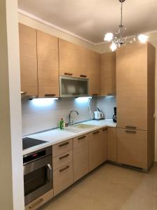 a kitchen with wooden cabinets and a sink at Thalassa in Siviri