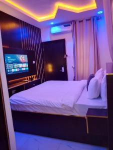 a bedroom with a bed with a tv in it at Triumph Group in Asaba