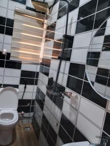 a bathroom with a toilet and a mirror at Triumph Group in Asaba