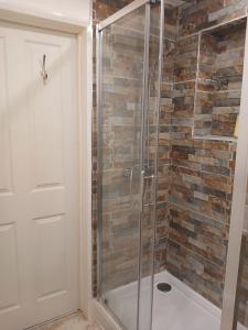 a shower with a glass door next to a brick wall at Bottisham Cosy Double in Bottisham
