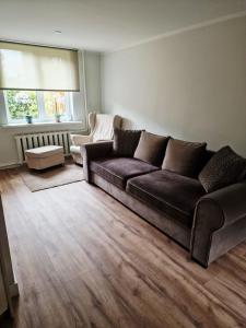 a living room with a brown couch and a window at Brīvdienu māja Vecdaugavā in Riga