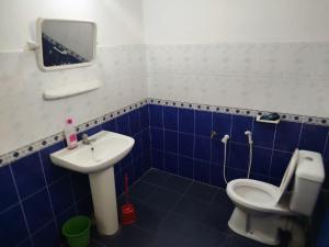 a blue and white bathroom with a toilet and a sink at Deepthi Villa in Nikawatawana