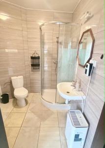a bathroom with a shower toilet and a sink at IDEAL in Płock