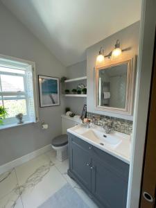 a bathroom with a sink and a toilet and a mirror at Wisteria House Boutique Stay Marlow in Marlow +13 photos