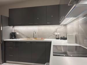 a kitchen with black cabinets and a sink at Nafplio Garden House in Nea Tiryntha