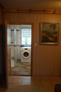 a bathroom with a washing machine and a window at Landidyll Am Eisenberg in Kirchberg +25 photos