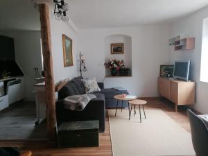 a living room with a couch and a table at Landidyll Am Eisenberg in Kirchberg