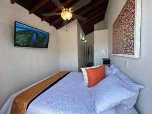a bedroom with a bed and a ceiling fan at El Balcón De Las Montañas in Medellín