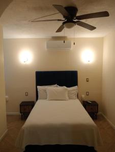 a bedroom with a bed with a ceiling fan at Hotel Casa Victoria in Tequila