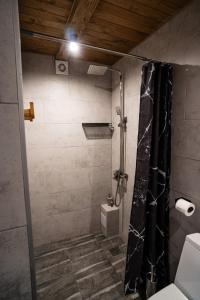 a shower in a bathroom with a shower curtain at Terra House in Andrushovka