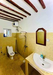 a bathroom with a sink and a toilet and a mirror at Kome-Salsa Garden Comfortable big apartment in Jambiani