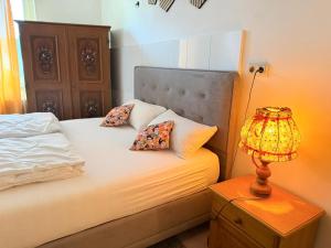 a bed with two pillows and a lamp on a table at Hotel Dreischläger Hof in Fernthal
