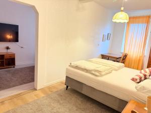 a bedroom with a bed and a table and a television at Hotel Dreischläger Hof in Fernthal