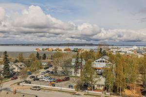 an aerial view of a parking lot and a harbor at Downtown Condo Epic Views in Anchorage