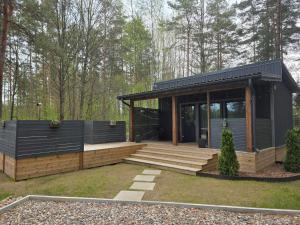 a cabin in the woods with a black roof at Tähetee Majake in Palometsa