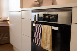 a kitchen oven with two towels hanging on it at Designer apartment with city view in Copenhagen +10 photos